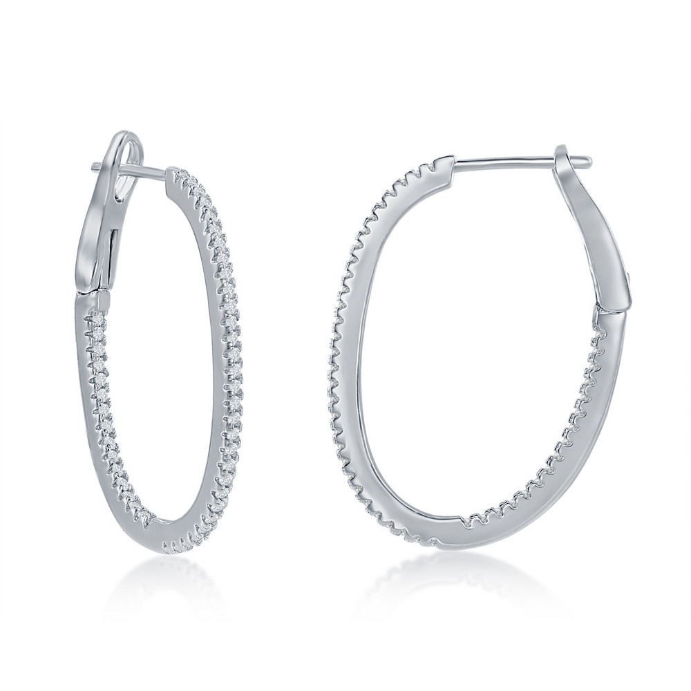 Sterling Silver CZ 50 Stones In and Out Round Hoop Earrings 15x15mm 