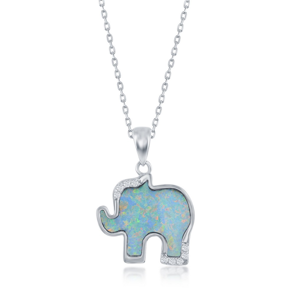 Blue Opal & Cz Elephant Design .925 Sterling Silver Charm Pendant .75" 